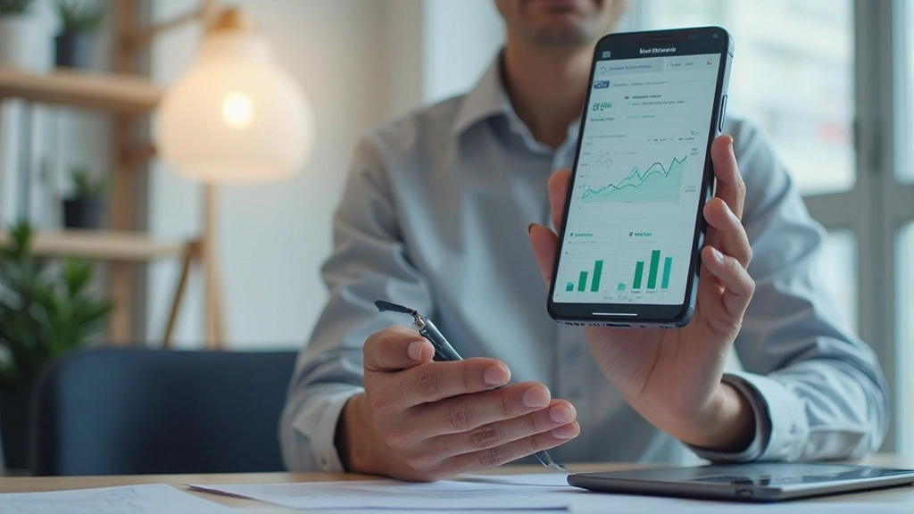 Person tracking financial progress with smartphone and investment portfolio dashboard