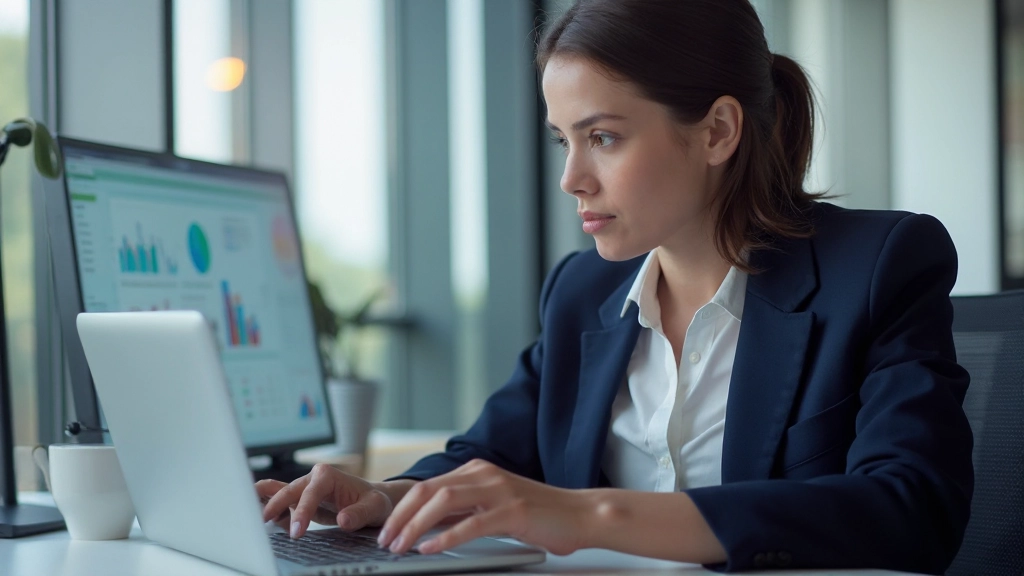 Профессиональное рабочее пространство с ноутбуком, показывающим графики анализа данных кампаний, графики и диаграммы на экране, современный офис с естественным освещением