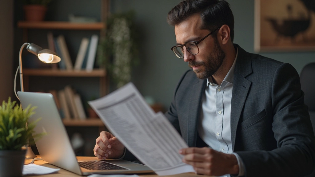Человек анализирующий финансовые документы и бюджетную таблицу на ноутбуке в домашнем офисе