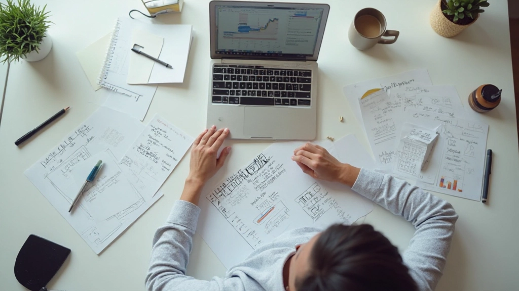 Motivational workspace setup with productivity tools, coffee cup and success notes