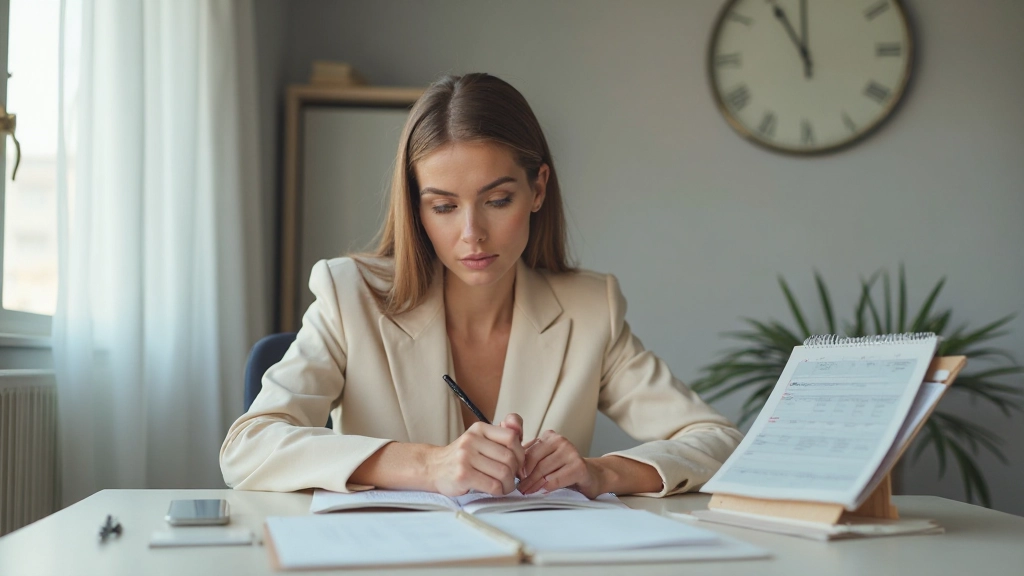 Профессиональная фотография женщины планирующей расписание дня на упорядоченном столе с календарем и блокнотом